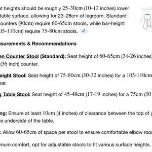 May include: Text with key measurements and recommendations for stool heights. Includes standard kitchen counter stool seat height of 24-26 inches for a 36-inch counter, and bar height stool seat height of 30-32 inches for a 41-43 inch bar.