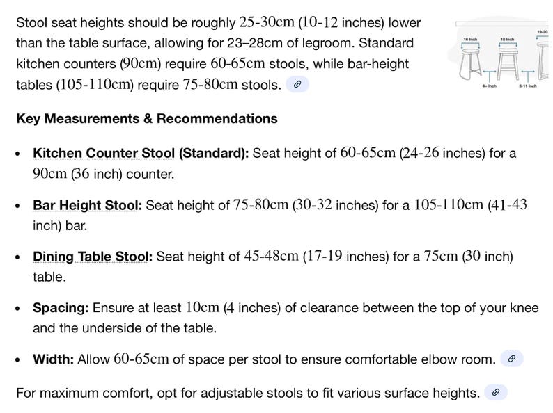 May include: Text with key measurements and recommendations for stool heights. Includes standard kitchen counter stool seat height of 24-26 inches for a 36-inch counter, and bar height stool seat height of 30-32 inches for a 41-43 inch bar.