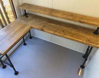 Narrow Rustic Pine Corner Desk, Industrial Steel Legs, Home Office, optional extras - monitor shelf, printer shelf, tower shelf