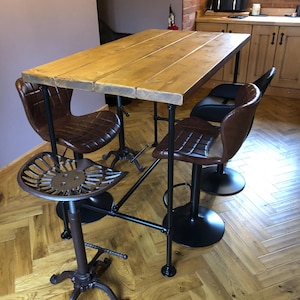Industrial Breakfast Bar, High Table, D78cm, 45mm Rustic Pine Timber, H75cm - H110cm, Black, Raw, Galvanised Tube, Adjustable Feet
