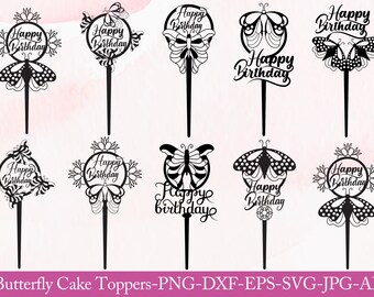 Butterfly Birthday Cake Topper SVG PNG | Happy Birthday Cut File for Cricut Silhouette | Girl Birthday Party Decor | Instant Download