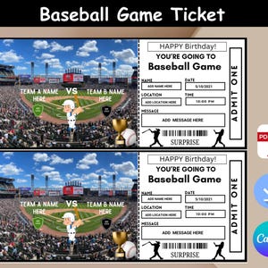 May include: A printable baseball game ticket template with a black and white design. The ticket has a section for the name, date, location, time, and a message. The text on the ticket says "Happy Birthday! You're going to Baseball Game".