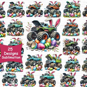May include: 25 sublimation designs featuring monster trucks with bunny ears and Easter eggs. The trucks are decorated with colorful Easter eggs and bunny ears.