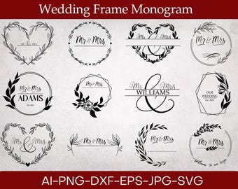 Bruiloft monogram frame SVG-bundel, bloemen brief gesneden bestanden, gesplitste monogram clipart voor Cricut, digitale download