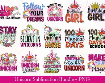 Eenhoornsublimatiebundel, eenhoorn png, shirtontwerp meisjes, eenhoorncitaten, bekeromslag, kindersublimatie png, digitale download