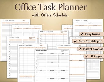 Könnte beinhalten: Ein Büro-Aufgabenplaner mit Vorlagen für Tages-, Wochen- und Monatspläne sowie Projektplanungsseiten. Der Planer trägt die Aufschrift "Office Task Planner with Office Schedule" und enthält den Text "Easy to use", "Fully Editable pdf", "Instant Download" und "17 Pages".