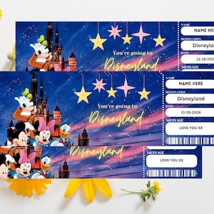 Modèle imprimable de billet de voyage surprise Disneyland, bon cadeau révélation surprise, billet de voyage de vacances, toile modifiable, téléchargement immédiat