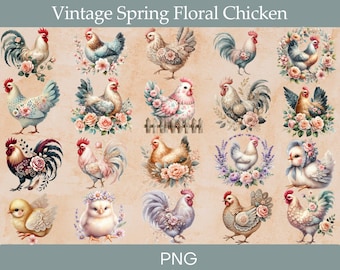 Watercolor Chicken Clipart PNG, Vintage Cottagecore Hen Graphics, Farmhouse Sublimation Designs, Digital Download