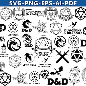 May include: A black and white graphic design set featuring Dungeons and Dragons imagery. The set includes a variety of designs, including dragons, dice, and the Dungeons and Dragons logo. The text "Let's Roll" appears multiple times in the design set.