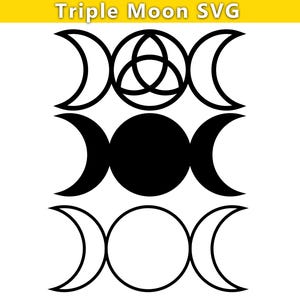 May include: Black and white triple moon symbol with a circle in the center. The symbol is repeated three times, with the circle in the center changing from a full moon to a crescent moon to a new moon.