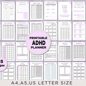 May include: Printable ADHD planner with 85 pages, featuring a variety of checklists, trackers, and worksheets. The planner is designed to help people with ADHD manage their time, tasks, and goals. The pages are in a light purple and white color scheme.