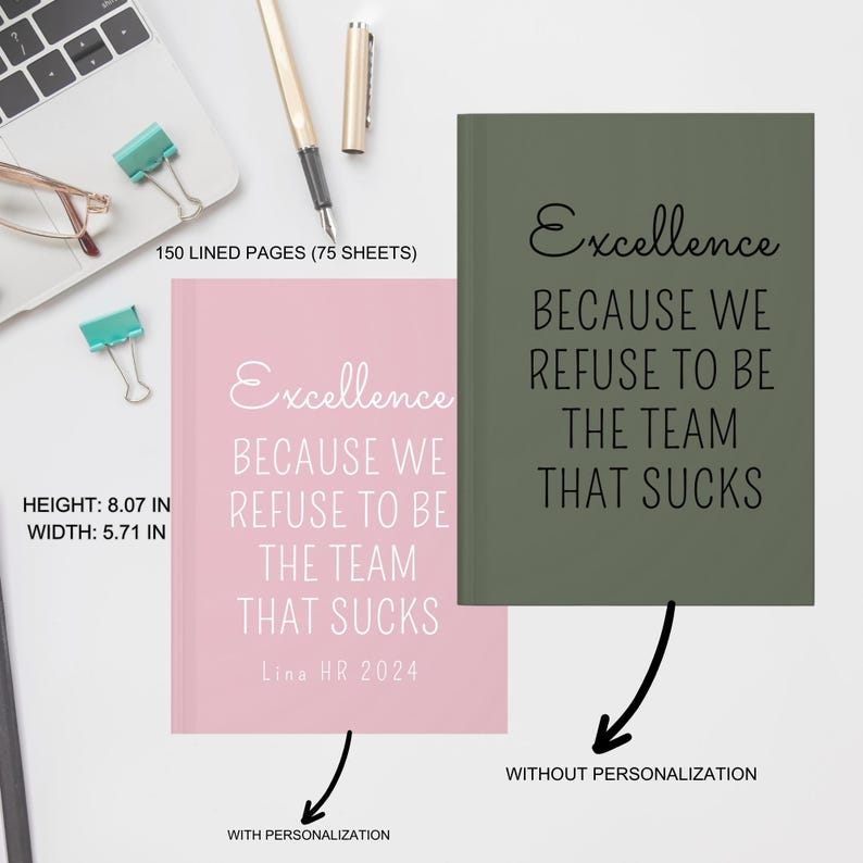 May include: Two notebooks, one pink and one olive green, with the text "Excellence BECAUSE WE REFUSE TO BE THE TEAM THAT SUCKS." The pink notebook has personalization. The notebooks measure 8.07 inches high and 5.71 inches wide and contain 150 lined pages.