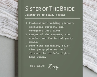 May include: A green card with the text "Sister of the Bride" in white font. The card defines the role of a sister of the bride with a humorous and lighthearted tone. The card also includes the name "Lucy" at the bottom.