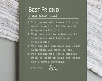 May include: A green card with the definition of "best friend" written in white text. The definition includes four points about the qualities of a best friend. The card also includes the name "Rita" written in white text.