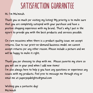 May include: A handwritten message on a cream-colored background with the words "SATISFACTION GUARANTEE" at the top. The message is from Mu'minah, thanking customers and explaining the return policy. The email address paperpopdelights@gmail.com is also included.