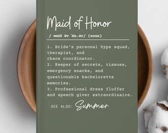 Diario de definición de dama de honor, cuaderno con lista de tareas para la boda