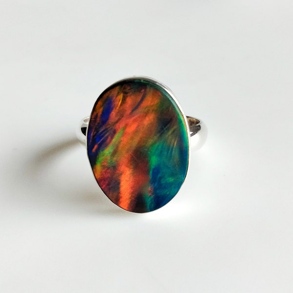 Multifire Adjustable Size opal ring/Aurora Opal Cabochon Ring-Sterling Silver Ring-Adjustable Ring-Christmas Gift /Handmade Nova Opal Rings