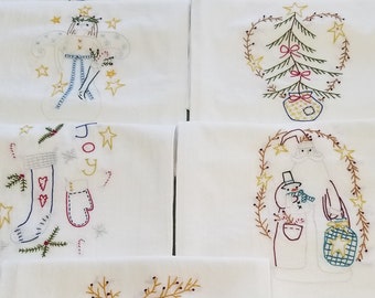 Set of 7 Hand Embroidered T-Towel Vintage Christmas 1