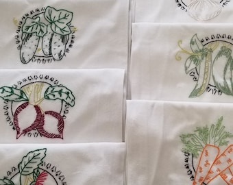 Set of 7 Hand Embroidered T-Towel Veggies