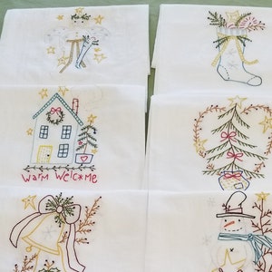 Set of 7 Hand Embroidered T-Towel Vintage Christmas 2