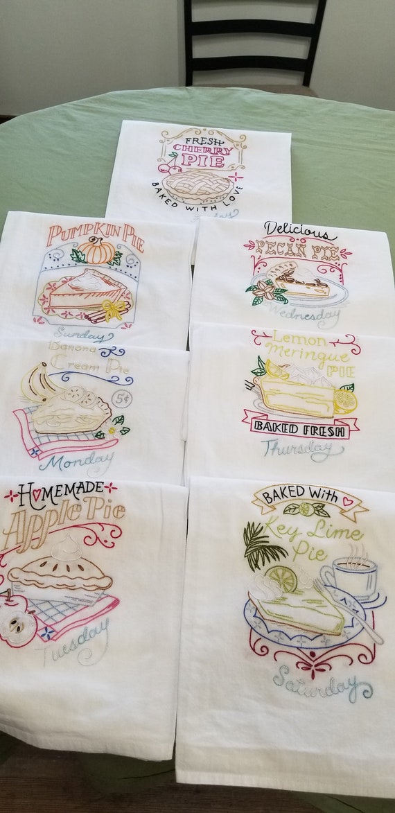 Set of 7 Hand Embroidered T-Towel Pies