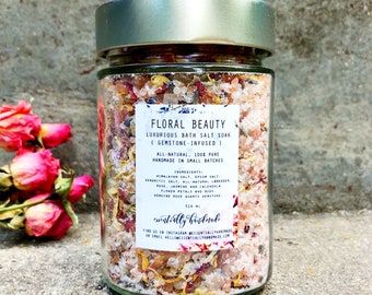 Valentine Gift Floral Beauty Luxe Natural Bath Salt Soak with Essential Oils | Crystal/Gemstone Infused with Rose, Jasmine, Lavender