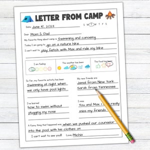 Carta imprimible del campamento, Carta del campamento de verano, Papelería del campamento de verano, Complete la carta en blanco, Carta de correo postal, Carta de verano