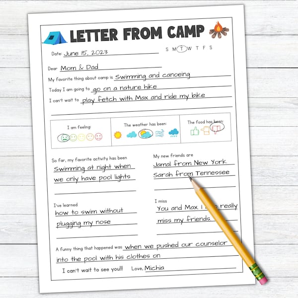 Printable Letter from Camp, Summer Camp Letter, Summer Camp Stationery, Fill in the blank letter, Snail Mail Letter, Summer Letter