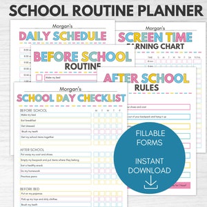Editable School Planner, Kids School Day Checklist, Routine Chart, After School Checklist, Screen Time Chart, School Routine, Daily Schedule