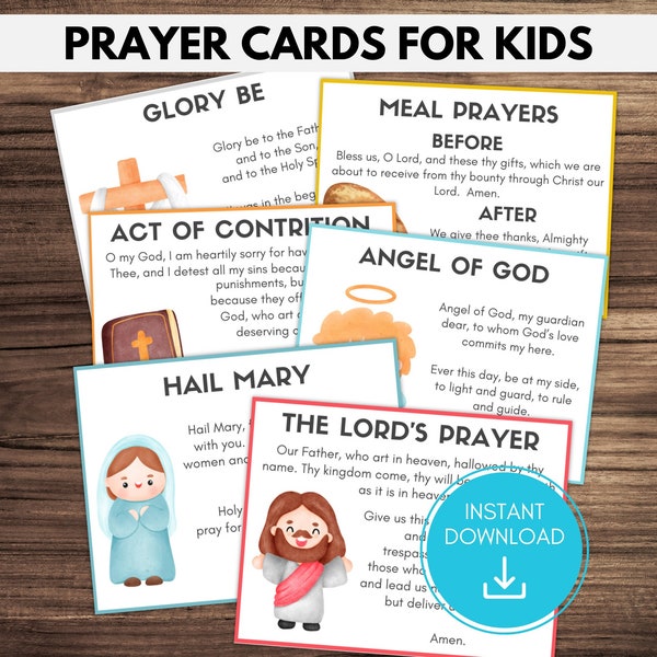 Catholic Prayer Cards for Kids, Children's Prayer Cards, Kids Hail Mary, Kids Our Father, Guardian Angel Prayer, Common Catholic Prayers