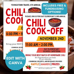 Puede incluir: Un folleto para un concurso de chili. El folleto es rojo, blanco y amarillo con una imagen de un tazón de chili. El evento es el 2 de noviembre de 11:00 AM a 2:00 PM en la cafetería de la escuela primaria East. El folleto dice "¡Trae tu mejor lote de chili casero!" e incluye información sobre las tarifas de inscripción y los premios.