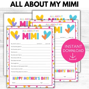 All About My Mimi Printable, Grandma Mother's Day Gift, All About Grandma Keepsake Gift, Gift from Grandkids, Grandparent's Day Gift