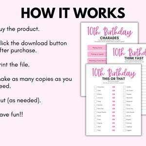 May include: Printable 10th birthday party games. The image shows instructions and three game sheets: Charades, Think Fast, and This or That. The games are designed with a pink and white colour scheme. Instructions include buying, downloading, printing, and cutting.