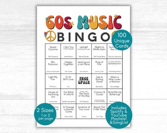60s Music Bingo, 1960s Game, Music Bingo Game, 60s party, 60s party games, 1960s Playlist, Throwback Birthday party, Music Bingo Cards 60s