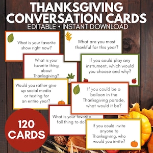 May include: A set of 120 Thanksgiving conversation cards with fall-themed illustrations. The cards feature prompts like "What is your favorite thing about Thanksgiving?" and "If you could invite anyone to Thanksgiving, who would you invite?"