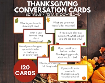May include: A set of 120 Thanksgiving conversation cards with fall-themed illustrations. The cards feature prompts like "What is your favorite thing about Thanksgiving?" and "If you could invite anyone to Thanksgiving, who would you invite?"