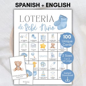 May include: A baby shower game with the title "LOTERÍA de Bebé Niño" in blue script. The game features illustrations of baby-related items, including a teddy bear, blocks, and a crib. The game includes 100 unique cards and is available in two sizes.