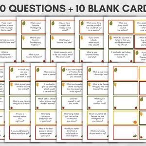 Peut inclure: Un jeu de 100 cartes de conversation sur le th&egrave;me de Thanksgiving avec une palette de couleurs automnales orange, marron, vert et jaune. Les cartes pr&eacute;sentent une vari&eacute;t&eacute; de questions pour stimuler la conversation et encourager la r&eacute;flexion sur les f&ecirc;tes.