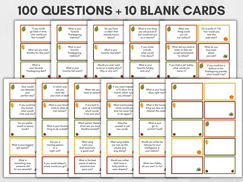 Peut inclure: Un jeu de 100 cartes de conversation sur le th&egrave;me de Thanksgiving avec une palette de couleurs automnales orange, marron, vert et jaune. Les cartes pr&eacute;sentent une vari&eacute;t&eacute; de questions pour stimuler la conversation et encourager la r&eacute;flexion sur les f&ecirc;tes.