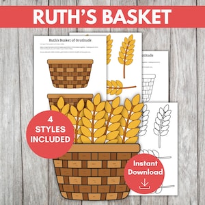 Puede incluir: Una descarga digital titulada "Ruth's Basket" con ilustraciones de cestas y trigo. La imagen incluye el texto "4 Styles Included" y "Instant Download". El fondo es una superficie de madera.
