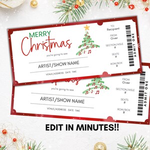 Weihnachts-Konzertticket-Vorlage, bearbeitbares Konzertticket, Konzertticket-Geschenk, benutzerdefiniertes Konzertticket, druckbares Konzertticket, Überraschung