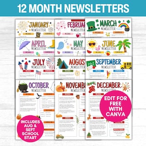 12 Month Newsletter Template, Monthly Classroom Newsletter, Daycare Class Newsletter, Parent Communication, School Newsletter Canva Template