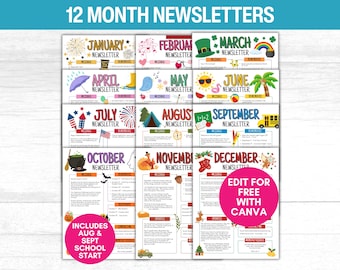 12 Month Newsletter Template, Monthly Classroom Newsletter, Daycare Class Newsletter, Parent Communication, School Newsletter Canva Template