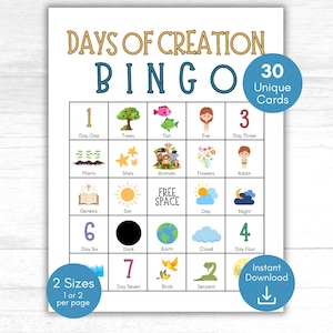 Days of Creation Bingo, Bible Bingo for Youth, Kids Bible Bingo, Bible Games for Kids, Sunday School Activity, Days of Creation Activity