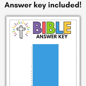 May include: A white sheet of paper with the words "BIBLE ANSWER KEY" in colorful letters. A cross with colorful rays is above the word "BIBLE". A large blue rectangle is on the page with numbered lines.