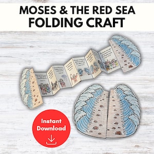 Puede incluir: Una manualidad plegable que presenta la historia de Moisés y el Mar Rojo. La manualidad es una serie de paneles conectados con ilustraciones y texto. El diseño incluye olas azules y un círculo rojo con las palabras "Instant Download".