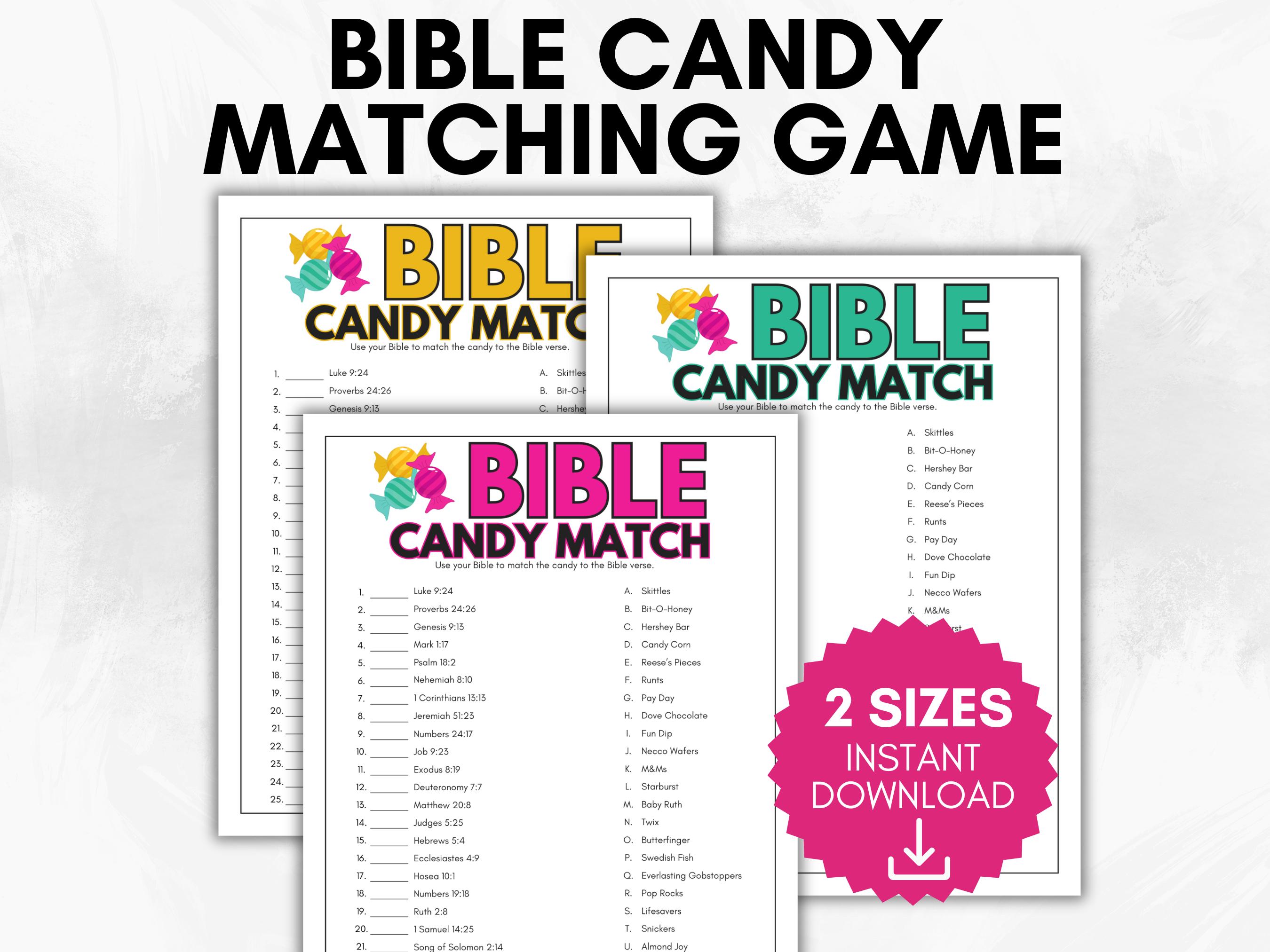 Bible Candy Match Game, Bible Match Party, Bijbelspellen voor kinderen, Bijbelspellen voor tieners, zondagsschoolactiviteiten, groepsactiviteiten voor jongeren