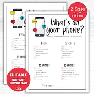Peut inclure: Une feuille de jeu imprimable avec un graphique de smartphone et une liste d'éléments à trouver sur votre téléphone. Le jeu est intitulé "What's on your phone?" et a un système de points pour chaque élément trouvé. La feuille est modifiable et disponible en téléchargement instantané.
