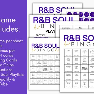 May include: R&B Soul Bingo game set with multiple game cards, calling cards, bingo chips, and instructions. The game includes R&B Soul playlists for Spotify and YouTube. The game cards have a white background with black text and purple accents.