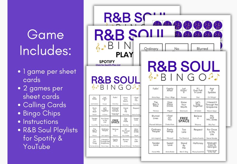 May include: R&B Soul Bingo game set with multiple game cards, calling cards, bingo chips, and instructions. The game includes R&B Soul playlists for Spotify and YouTube. The game cards have a white background with black text and purple accents.